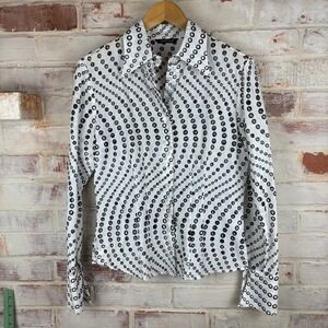 SAMUEL DONG White Eyelet Blouse Button Front Cutout Embroidered Modern Minimal